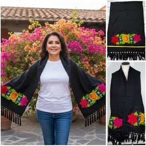 Black Floral Zinacantan Mexican Embroidered Shawl Wrap
